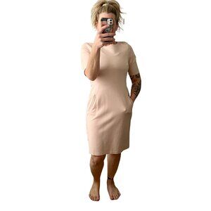 Vintage 90s Lands End Pink Stretch Fit Pencil Dress POCKETS Sz. 10